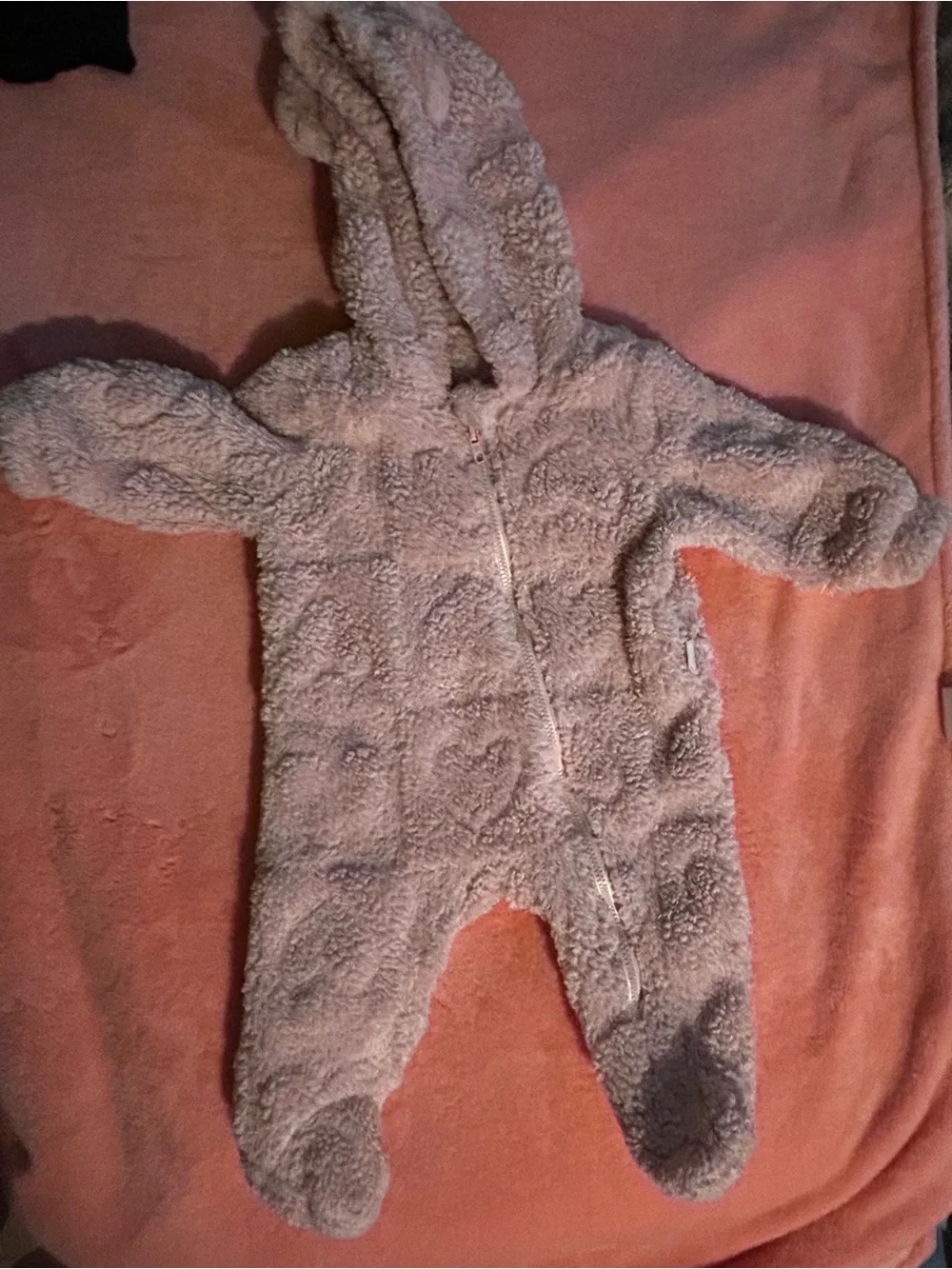 Plush Hooded Baby One-Piece Bodysuit in Light Pink